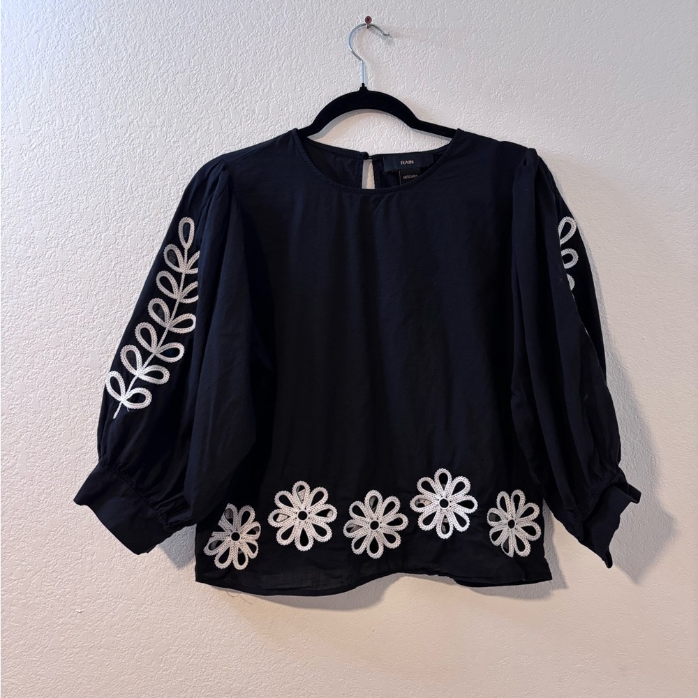 Rain Black Embroidered Women's Top with Flower Cut Outs Size M